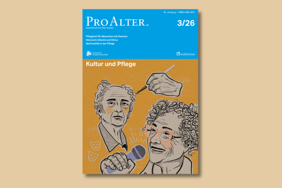 Auf der Illustration befinden sich zwei Portraits von &auml;lteren Menschen. Vom vorderen Menschen ist au&szlig;erdem die rechte Hand zu sehen, die ein Mikrofon h&auml;lt. Rechts vom hinteren Portrait schwebt eine Hand mit Pinsel.